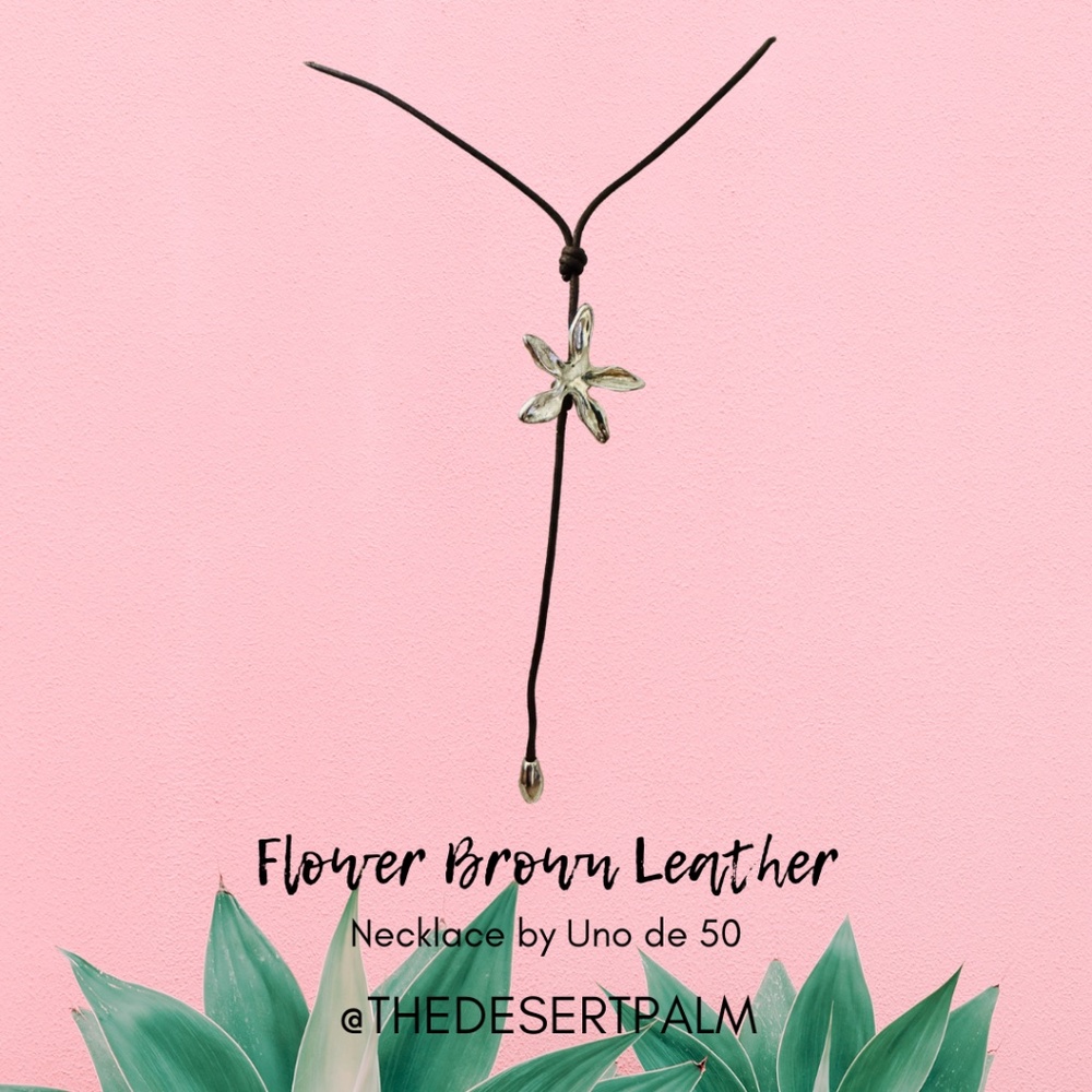 UNOde50 Sterling Silver Flower Lariat Necklace | Brown Leather Cord Adjustable